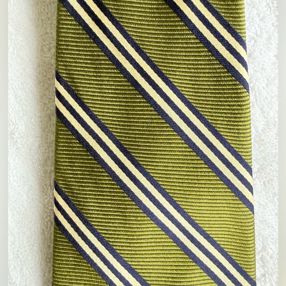 Brooks Brothers silk tie.   BB#1    Dark Green with navy and white stripes.